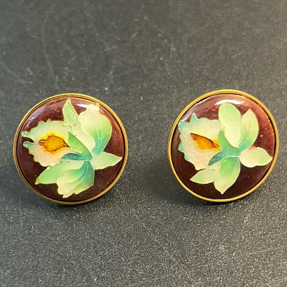 Enamel Floral Round Clip-On Earrings in Green and Burgundy